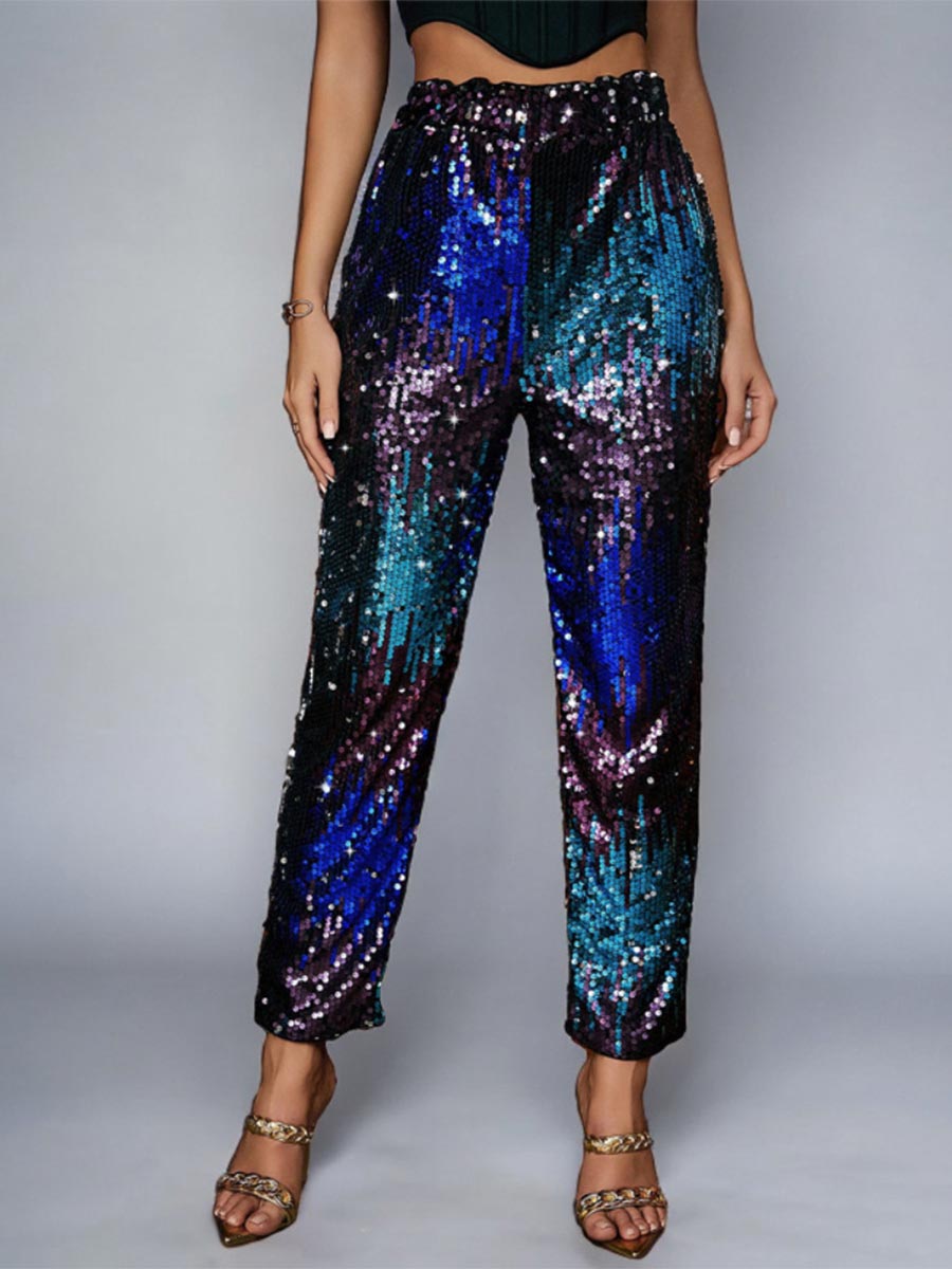 Straight-Leg Multicolor Sequin High-Waisted Pants