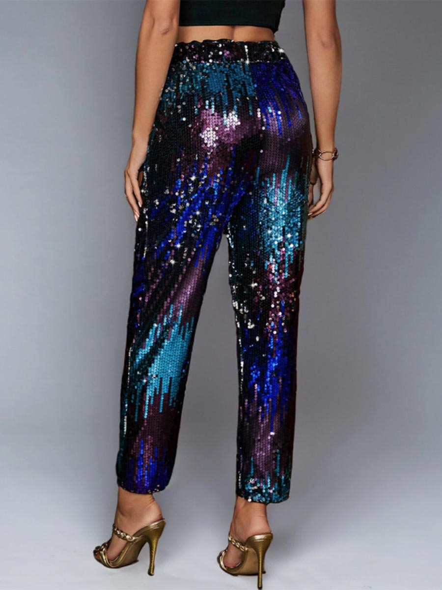Multicolor Pants - Sequin High-Waisted Straight-Leg