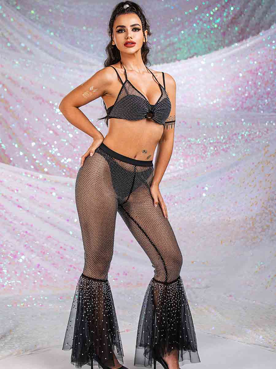 Crystal mesh lace flared pants suit