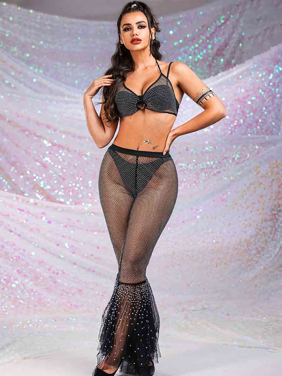 Rhinestone mesh lace flared pants suit