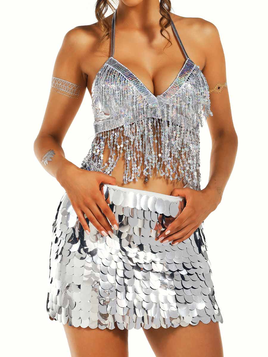 silver fringe bra and sequin skirt set