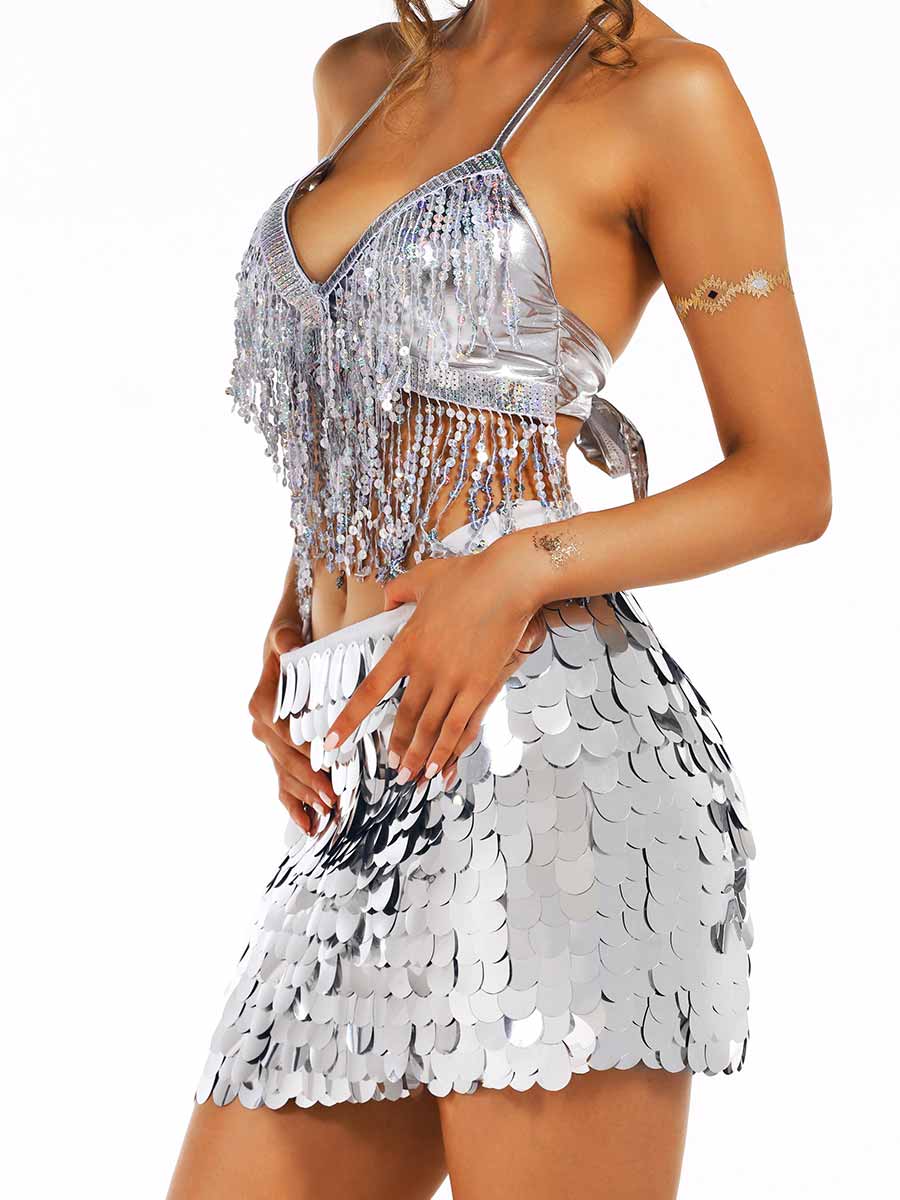 silver tassel bra and sparkly skirt set