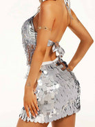 silver fringe bra and sparkly skirt set