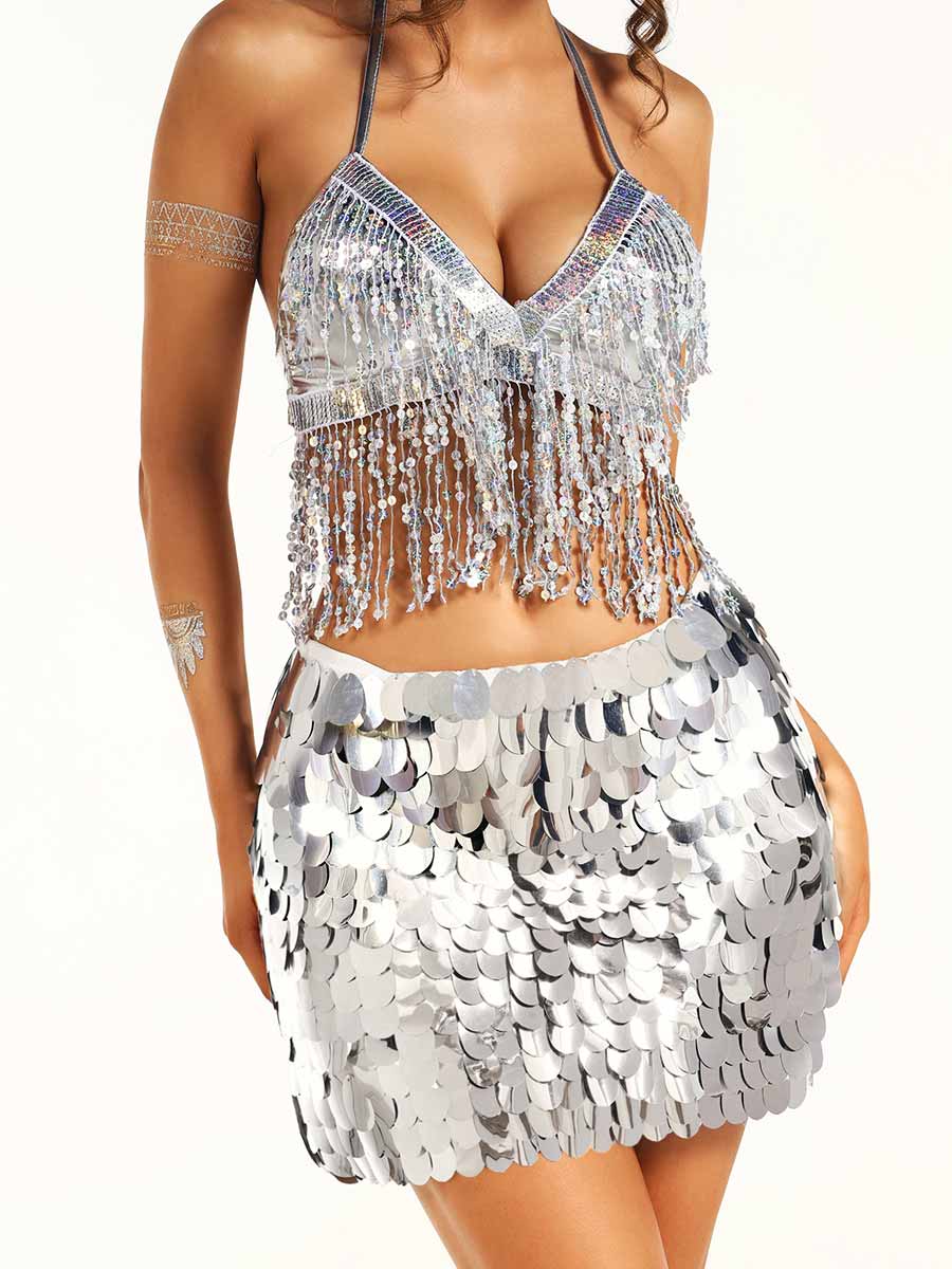 silver fringe bra top and sparkly skirt set