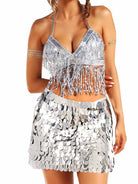 silver tassel bra top and sequin skirt set