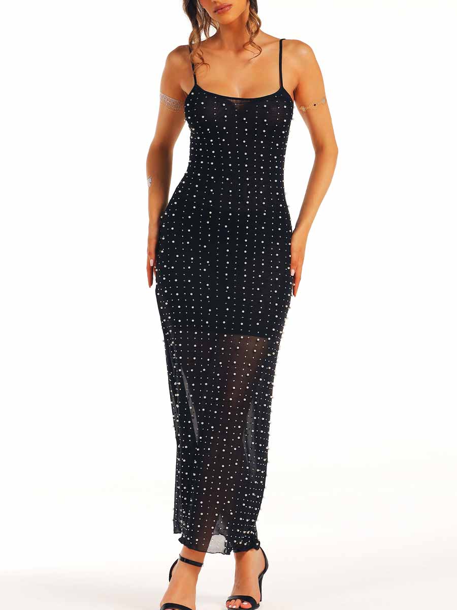 Black Slim-Fitting Long Dress with Pearl Rhinestones