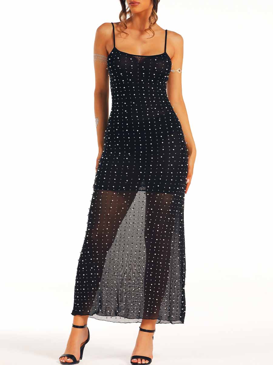 Crystal Pearl Black Long Dress