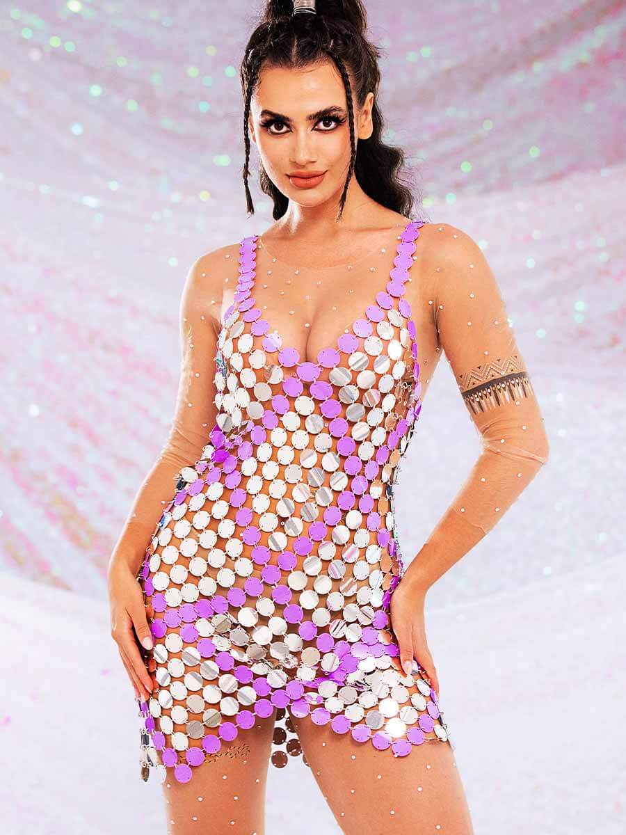 Silver-Purple Disc Embellished Dress