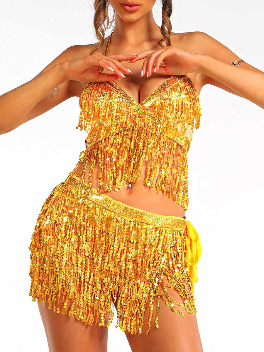 gold sparkly fringe two-piece set