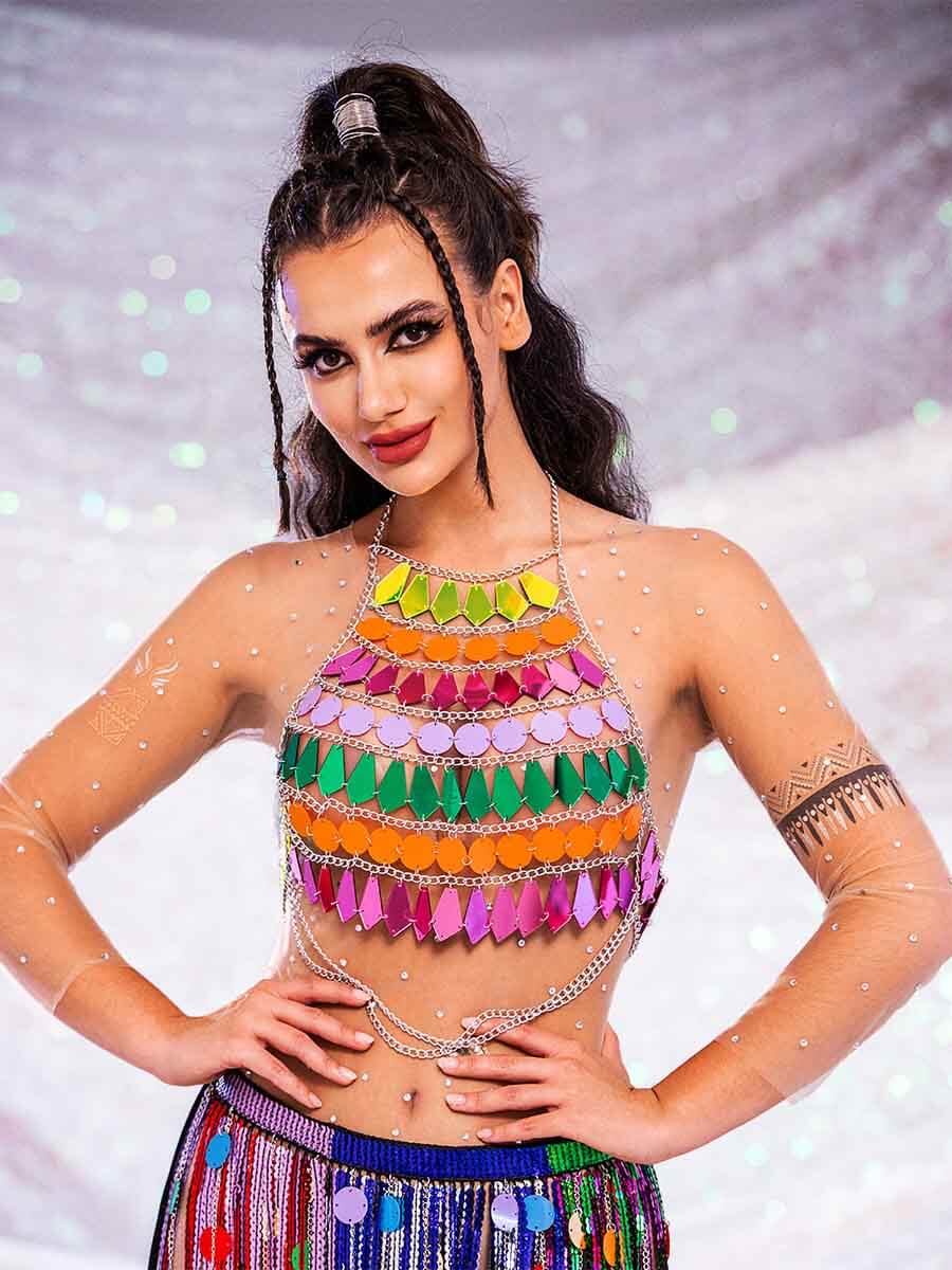 Rainbow Sequin Tank Top – Shiny Metallic Chain Vest Top