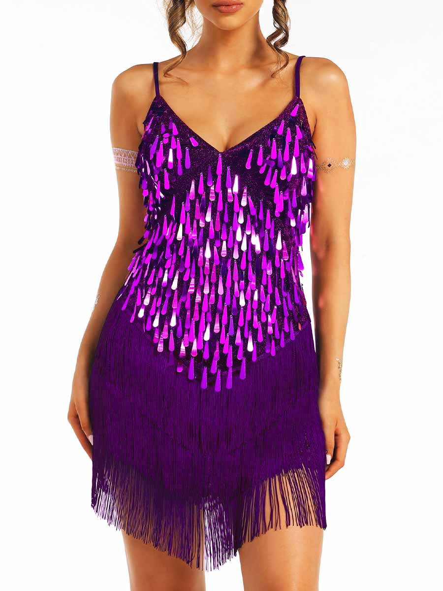 Purple Sequin Fringe Spaghetti Strap Dress