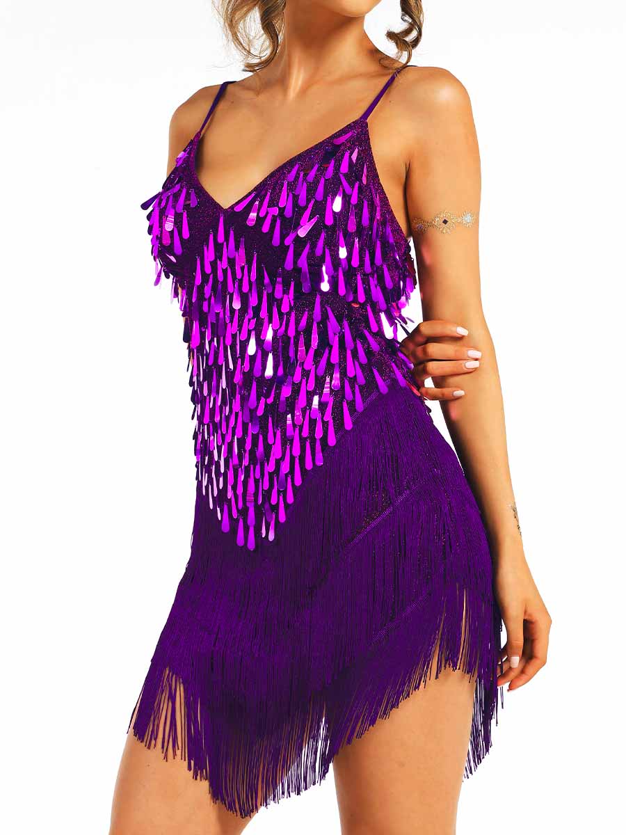 Purple Sequin Fringe Slip Dress 