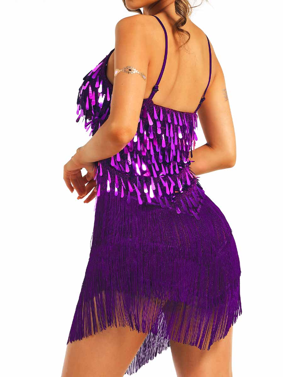 Purple Sequin Tassel V-Neck Suspender Dress