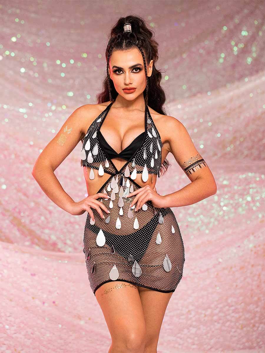 Rhinestone Sequin Dress - Deep V Hollow Mini Dress