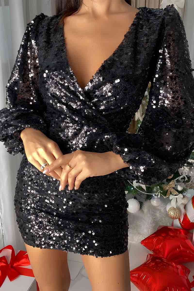 black v neck sequin mini dress