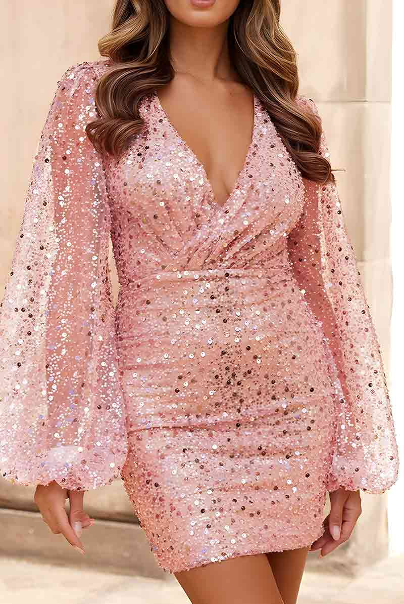 Sequin Pencil Dress – V-Neck Polyester Glitter Dress