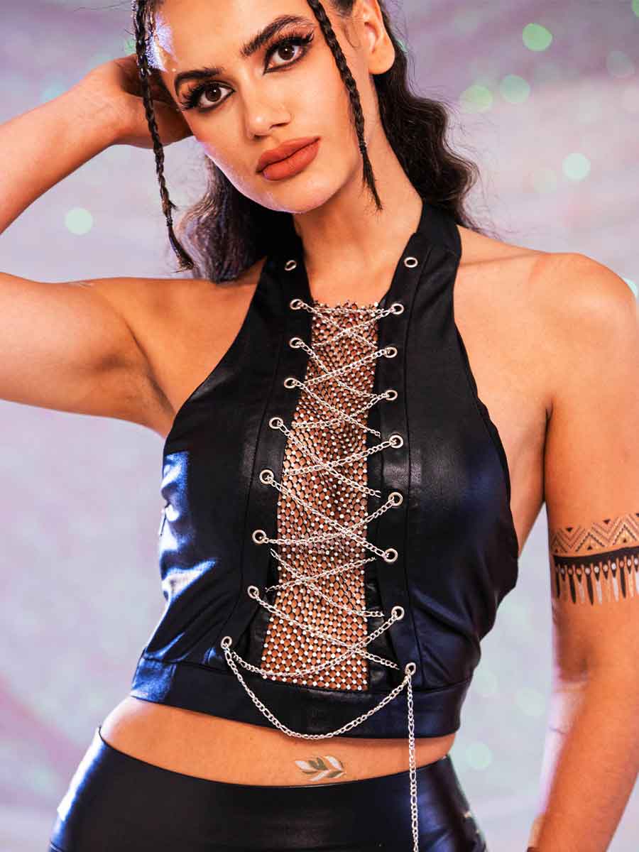 Black Crop Top With Rhinestones - Punk Metal Chain Top