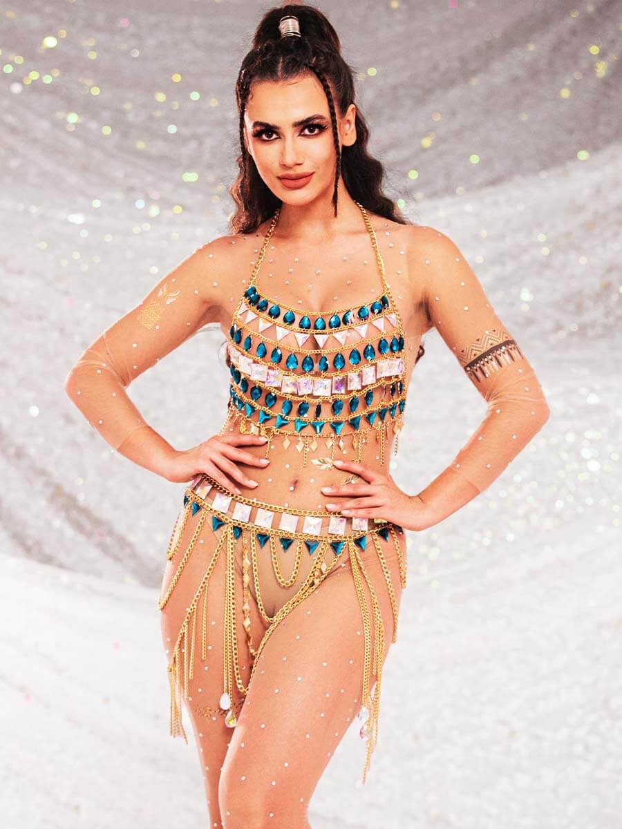 Rhinestone Top and Skirt Set - Metal Chain Crystal Set