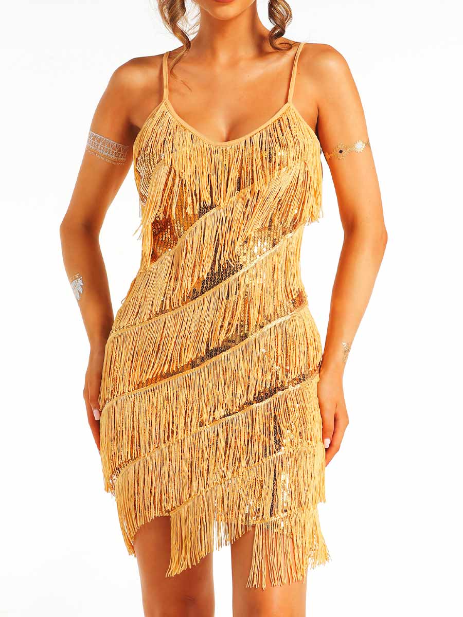 Gold Sequin Tassel Suspender Dress