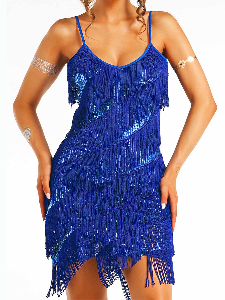 blue sequin fabric fringe dress