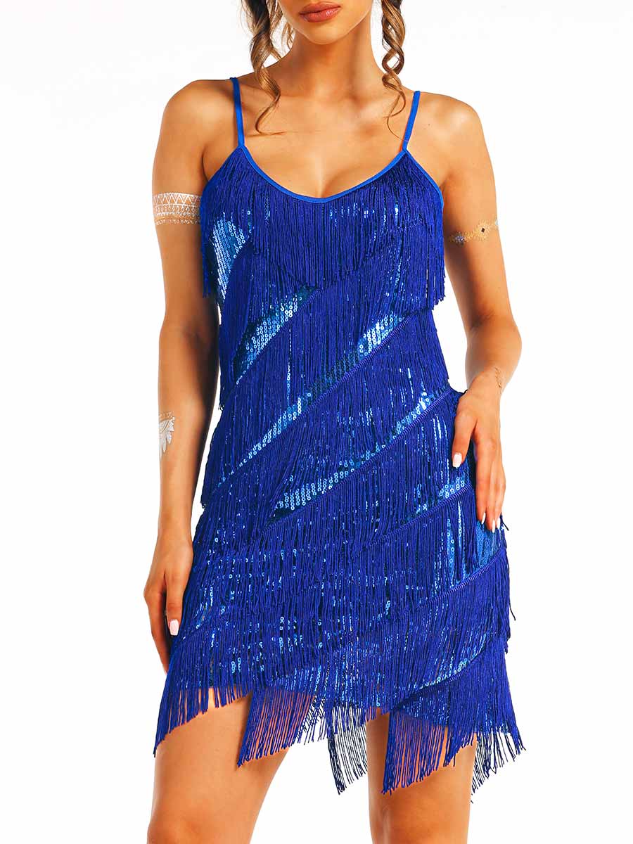 Blue Sequin Fringe Dress (Slim Fit)