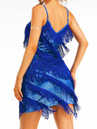 blue sparkly fabric fringe slip dress