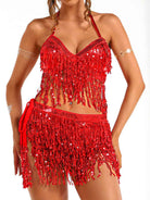 red sequin fringe two-piece set