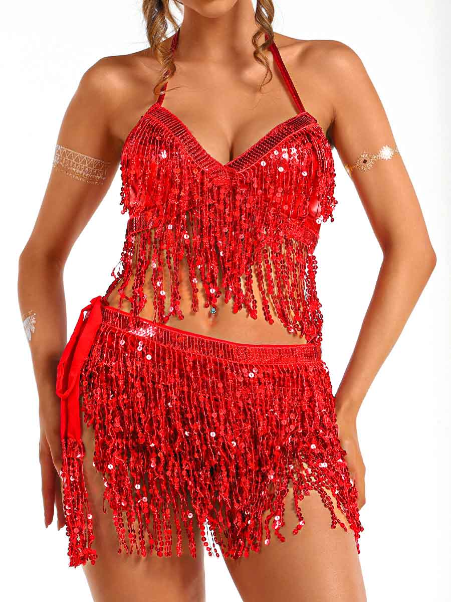 red sequin fringe two-piece set