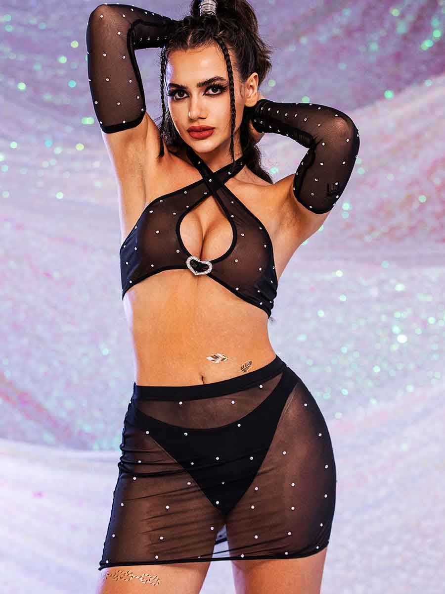 Sleeves And Halter Bra And Rhinestone Skirt Set
