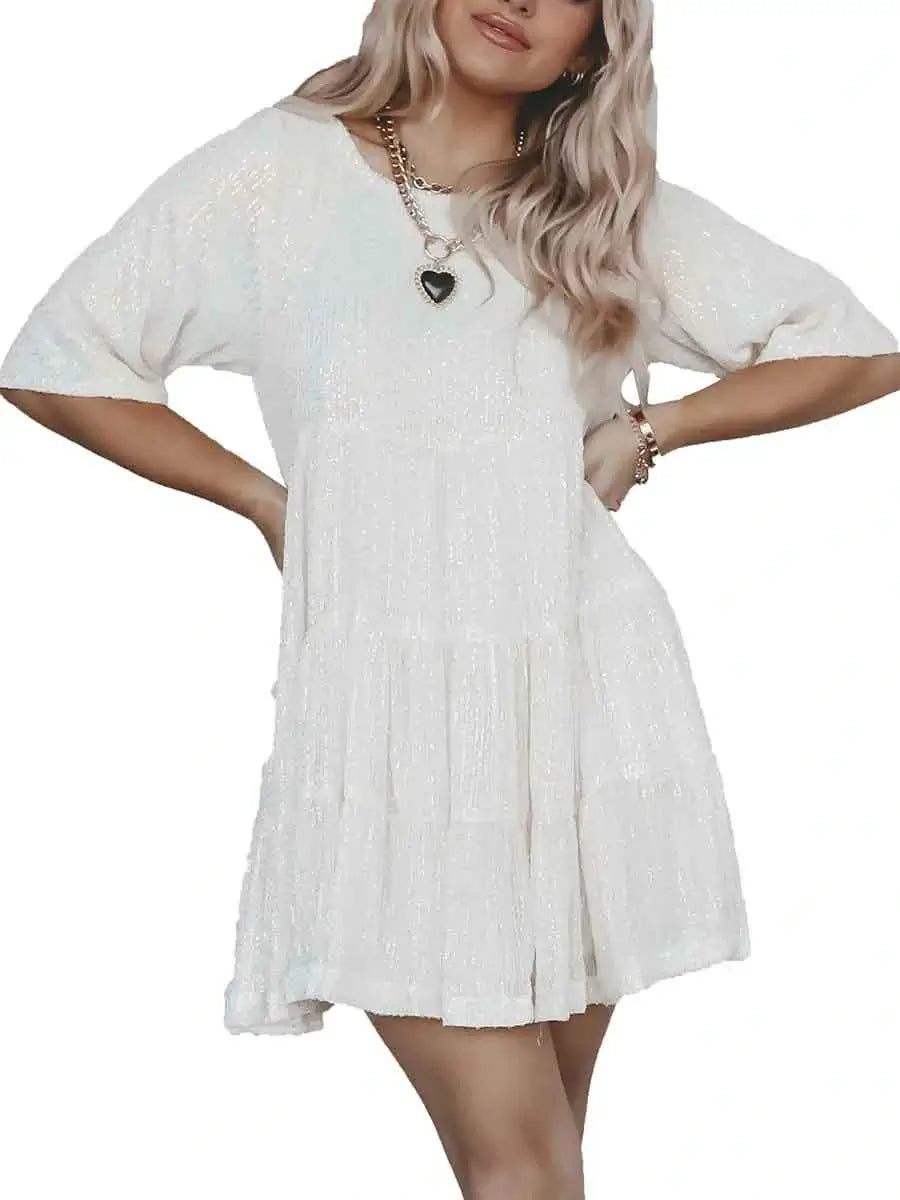 Loose Fit Sequin Mini Dress White