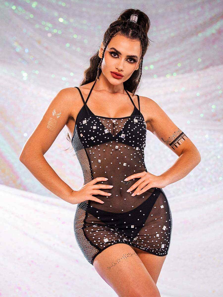 Rhinestone Sheer Black Mini Cami Dress