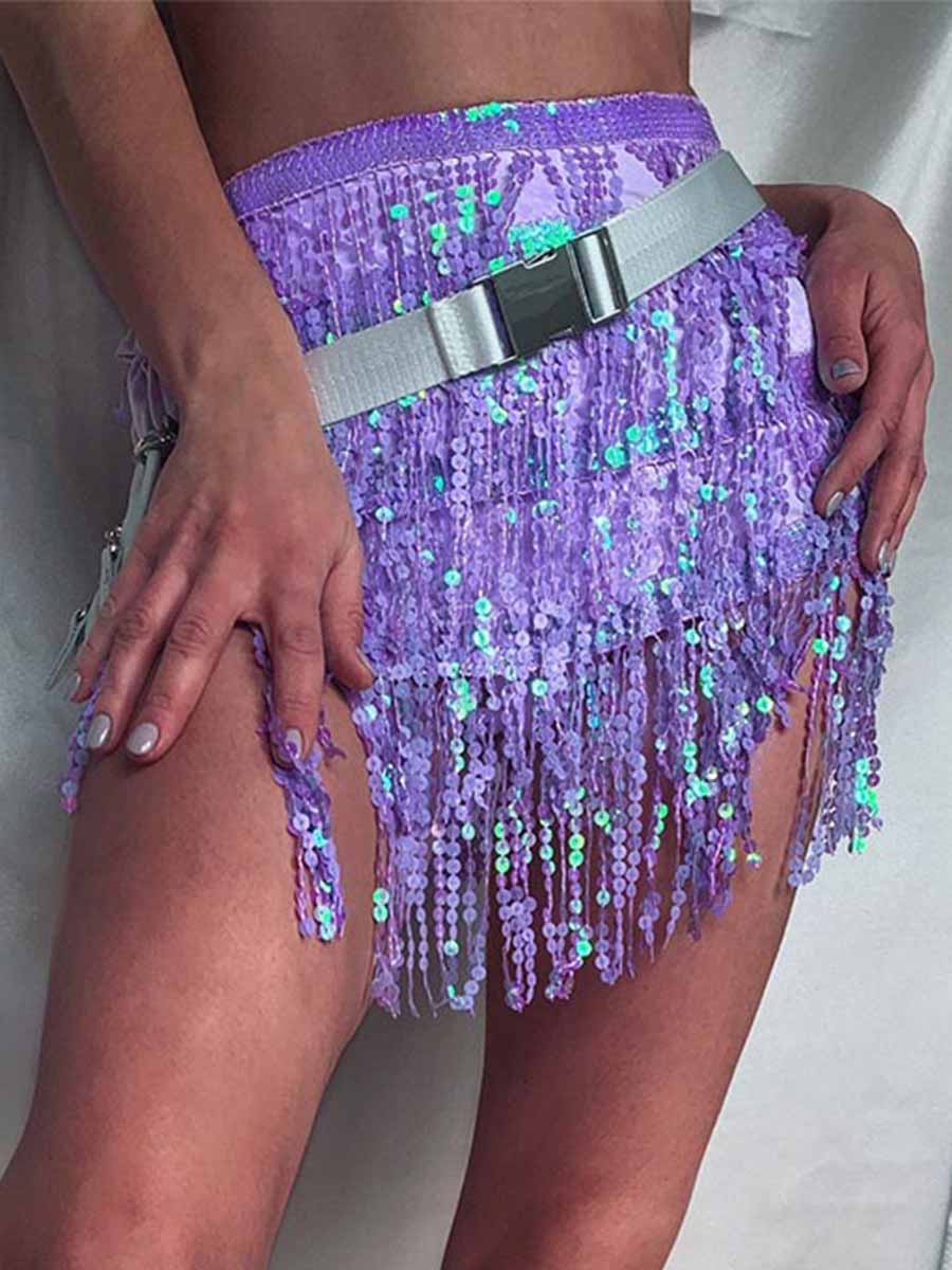 Purple belly sequin tassel dance skirt