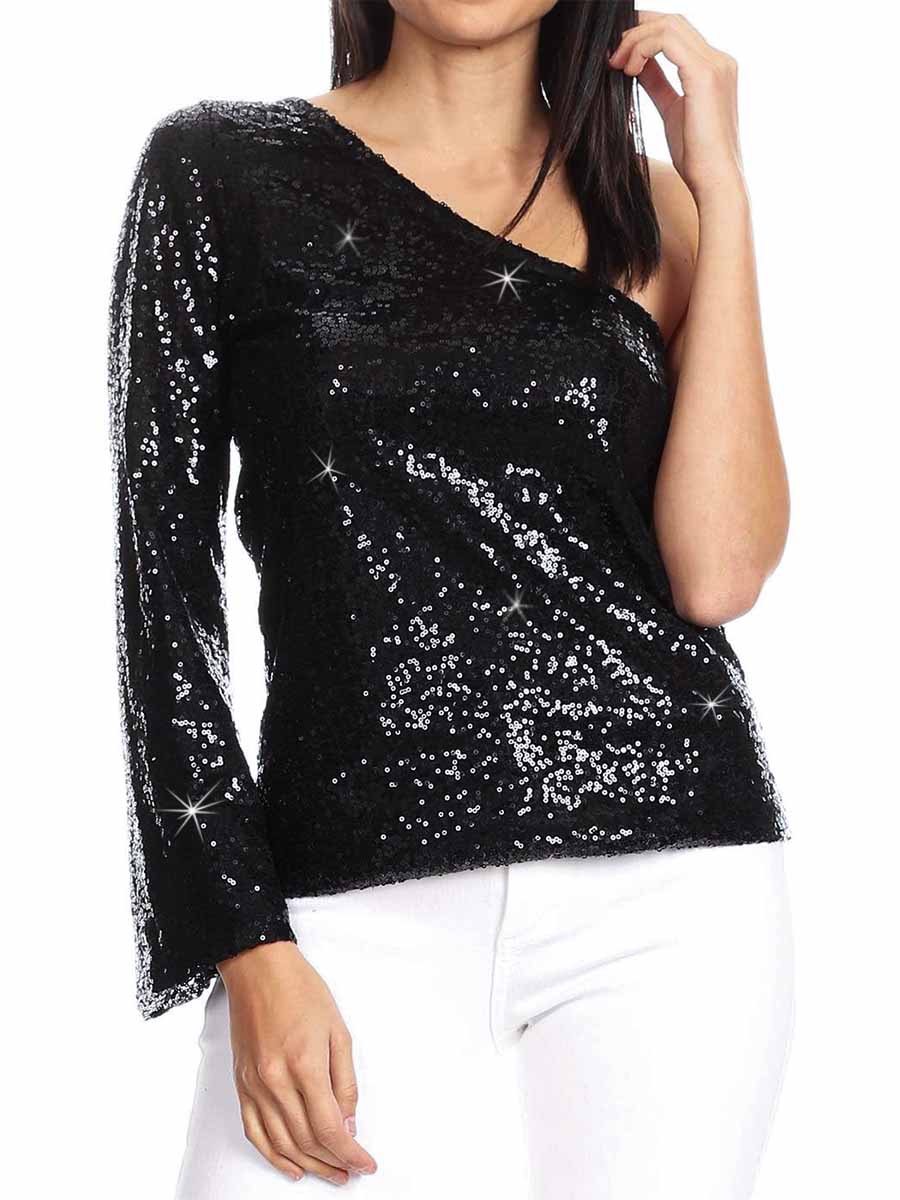 Long Sleeve One Shoulder Women's Black Glitter Shirt – Victray